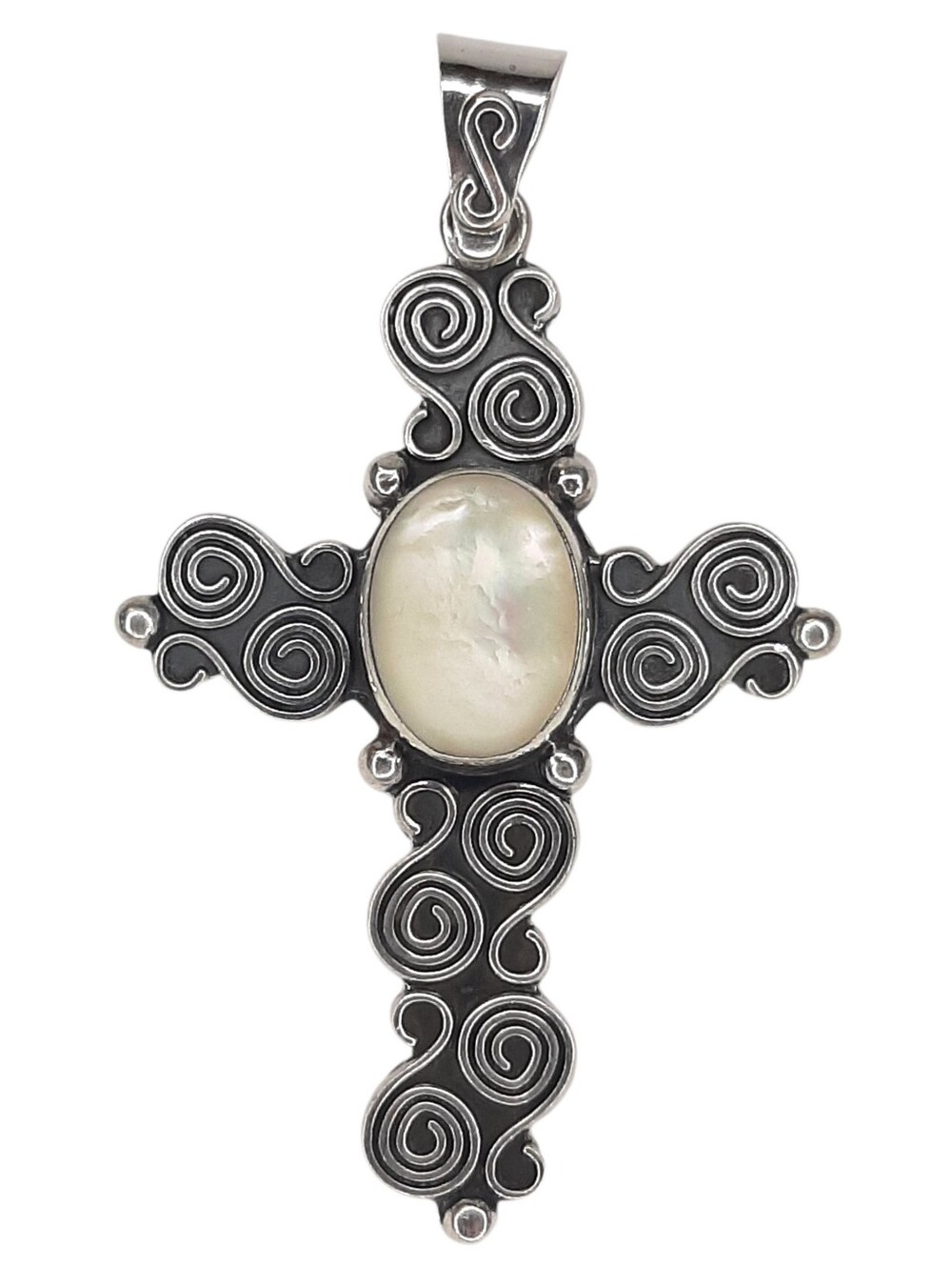 Vintage MSW 925 Sterling Silver Cross Pendant Mexico Stamped Mother Of Pearl